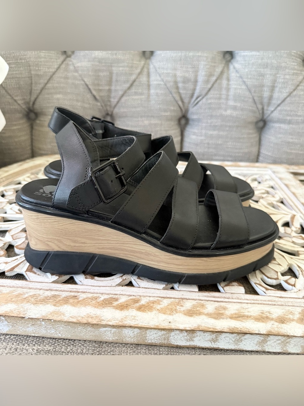 Sorel Black Leather Wide Strap Wedge Platform Sandals Shoes Women’s 10 - Picture 9 of 12